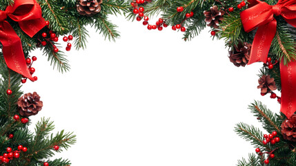 Poster - Festive holiday border featuring evergreen branches, crimson berries, pine cones, red ribbons framing transparent seasonal backdrop