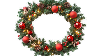 Poster - Glowing holiday wreath featuring red ornaments, pine cones, twinkling lights on transparent background, festive seasonal decor