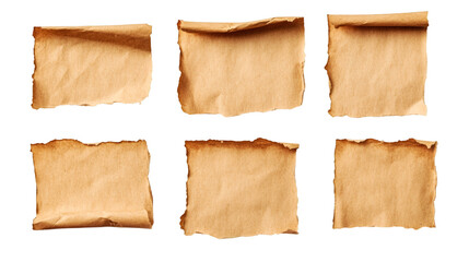 Poster - Six old burnt paper sheets with curled edges isolated on transparent background, ideal for graphic projects