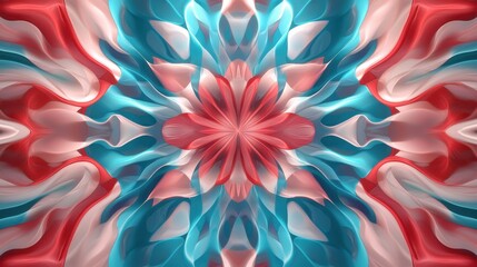 Poster - Fluid shapes and vibrant colors merge to form an intricate design, showcasing swirling patterns of red, white, and blue. The artwork features a floral-inspired centerpiece, radiating energy
