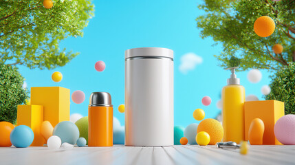 Poster - vibrant outdoor scene featuring colorful geometric shapes, white container, and playful spheres. bright blue sky and lush greenery create cheerful atmosphere