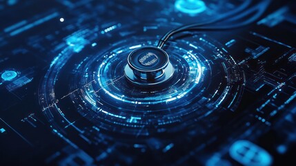 Poster - Medical technology, futuristic stethoscope, data interface, diagnostics, possible use stock photo for medical technology, healthcare