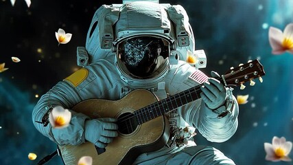 Aufkleber - This astronaut plays guitar in space, surrounded by stars and vibrant flowers.