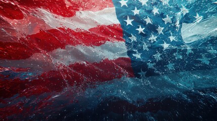 Poster - Underwater view showcases the American flag engulfed in splashing waves, creating a striking visual effect. Bright colors ripple through the water, symbolizing national pride