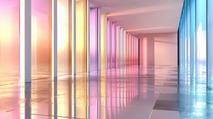 Poster - The interior corridor showcases vibrant light reflecting off pastel-colored glass panels. The sleek floor enhances the serene and modern atmosphere, creating an inviting environment