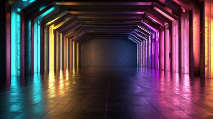 Poster - Brightly colored beams of light reflect off polished surfaces in a corridor. The combination of purple, blue, and yellow hues creates an enchanting atmosphere, inviting exploration