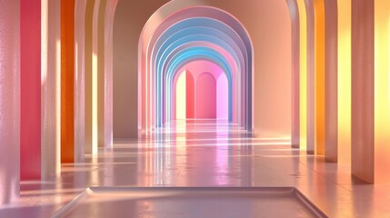 Poster - A spacious corridor features a series of colorful arches that create a stunning visual effect. Soft light reflects off polished surfaces, enhancing the vibrant atmosphere