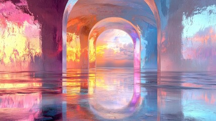 Poster - A stunning archway filled with bright hues creates a mesmerizing reflection on the still water, capturing the beauty of a colorful sunset in a dreamlike setting