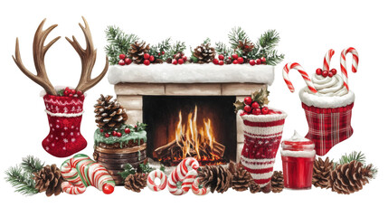 Poster - Warm fireplace scene featuring glowing embers, hanging festive stockings, pine cones, candy canes, antlers, holiday treats on clear background