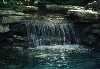 Poster - Tranquil Waterfall Flowing Over Rocks Surrounded by Lush Greenery in a Serene Natural Setting for Relaxation and Peaceful Retreats