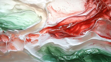 Poster - Swirling layers of green, white, and red create a captivating abstract composition. The smooth texture and movement suggest energy and creativity in a vibrant artist studio