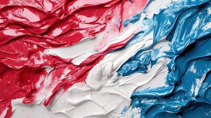 Poster - Bright red, white, and blue paint swirl together, creating a lively and textured composition. The vibrant colors reflect the energy of artistic expression and creativity in the studio