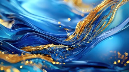 Poster - Bright blue and gold colors swirl together in a fluid composition, creating an enchanting abstract landscape that captivates the viewer's gaze. The intricate patterns evoke a sense of movement