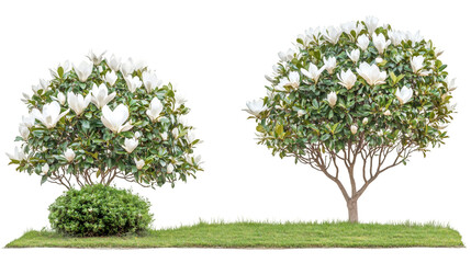Poster - Two magnolia trees with white flowers blooming on transparent background with grass and bush