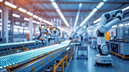 Poster - Industrial facility with advanced robotic arms on assembly line during daytime