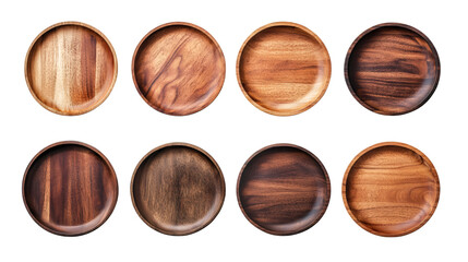 Poster - Wooden round plates, eight empty platters displayed overhead on transparent surface, minimalist kitchenware arrangement