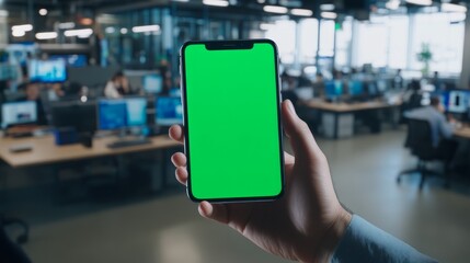 Green Screen in Office: A person's hand holding a modern smartphone with a vibrant green screen against the backdrop of a busy office environment, ideal for showcasing digital content.