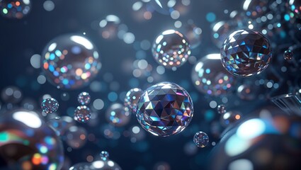 Poster - Colorful spheres float in a dark background creating a mesmerizing visual display of light and reflection