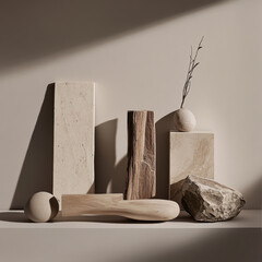 Poster - Abstract composition in beige shades with pieces of wood and stone
