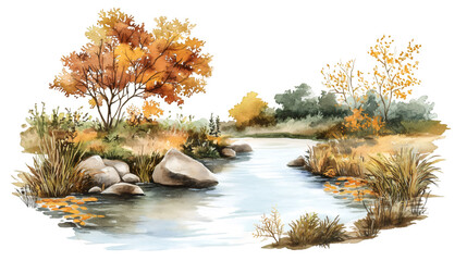 Aufkleber - Watercolor painting depicting a tranquil autumn scene with a gently flowing river and vibrant foliage, perfect for nature projects