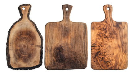 Poster - Set of three different wooden cutting boards isolated on transparent background, ideal for food photography