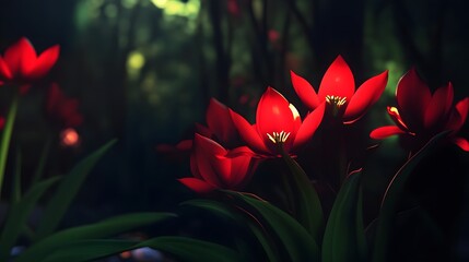 Poster - vibrant red tulip flowers in full bloom with green leaves and stems amid lush spring garden landscap
