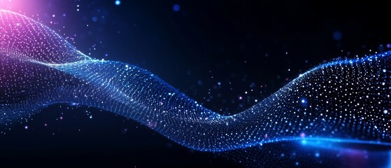 Fototapete - Digital Flow: Abstract digital particles form a dynamic flowing wave against a dark background, exuding a sense of futuristic energy and technological advancement. 