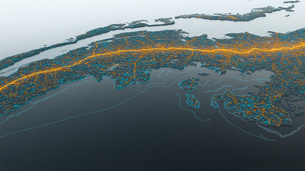 Poster - Dynamic aerial view of urban infrastructure new york digital map waterway bird's eye perspective connectivity concept