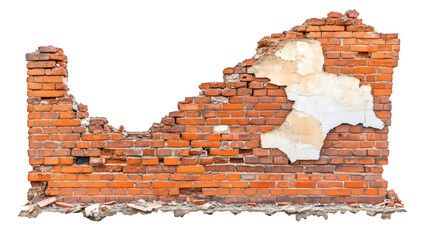 Poster - Ruined brick wall with crumbling plaster isolated on transparent background, showing concept of destruction, decay and abandonment
