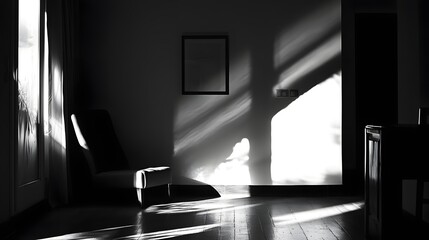 Poster - Minimalist and Serene Empty Room with Dramatic Lighting Casting Shadows on the Floor and Architectural Details Highlighting the Clean Modern Design