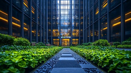 Poster - Green courtyard path leading to a modern glass building's entrance, evening sky