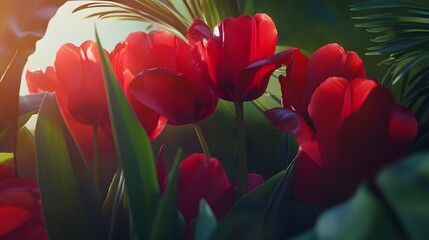 Poster - vibrant red tulips blooming in a tranquil garden scene with lush foliage a closeup view of the intri