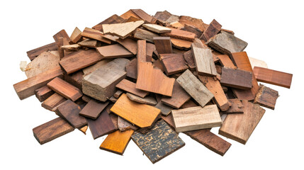 Aufkleber - Wooden offcuts stacked randomly, scattered lumber remnants against transparent backdrop, prepared for woodworking craft projects