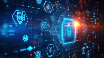 Poster - Abstract digital network with icons, global data flow, technology background