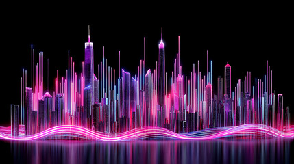 Poster - Dynamic urban skyline at night vibrant city lights digital art futuristic environment aerial view conceptual visualization