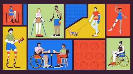 Poster - Inclusive lifestyle and accessibility animated bento grid layout. Diverse people with disabilities daily routines 2D animation flat cartoon ui collage design. 4K video motion graphic collection