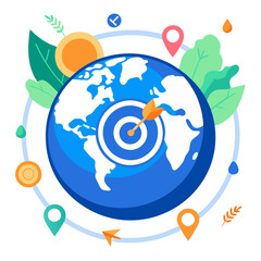 Poster - A vibrant globe illuminated with various targeted campaign elements illustrates a global marketing strategy. Colorful icons and symbols emphasize outreach and engagement across different locations