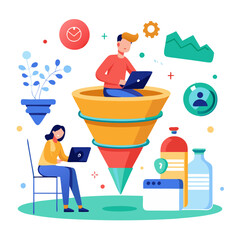 Poster - A marketer is visually explaining the stages of a conversion funnel while using digital devices in a bright, modern workspace. The environment features various related elements enhancing the theme