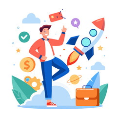 Poster - A marketer is celebrating the successful launch of a product campaign. He stands confidently beside a rocket, symbolizing growth and innovation, surrounded by symbols of achievement and finance