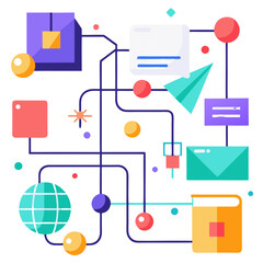 Poster - This artwork features a vibrant abstract design with geometric shapes and various symbols representing a simplified system. The colorful elements intertwine to create a dynamic visual flow