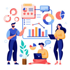 Poster - Analysts work together, discussing data trends and insights. One holds a pointer while another analyzes on a laptop. Visual aids like charts enhance their collaboration