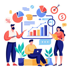 Poster - Professionals engage in collaborative trend analysis using charts, graphs, and digital devices in a vibrant office environment. They discuss insights derived from data while seated and standing