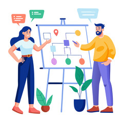 Poster - Two analysts engage in a productive discussion at a digital whiteboard, outlining flowchart ideas and collaborating on project strategies while surrounded by plants