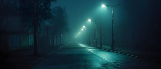 Poster - Mysterious foggy street scene at night in a dark urban landscape with glowing street lights creating an eerie foreboding atmosphere  The deserted solitary path leads into the unknown