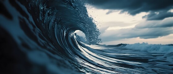 Poster - Massive surging ocean wave crashing violently against the rocky coastline during a powerful turbulent storm with dark dramatic clouds filling the ominous sky