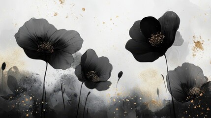 Canvas Print - Floral background with bold black flowers and soft gold specks throughout