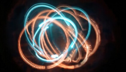 Poster - glowing neon light trails in motion, futuristic abstract energy swirl with blue and orange hues on black, digital background

