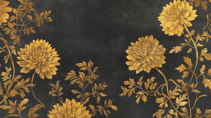 Wall Mural - Golden chrysanthemums floral wallpaper on textured black surface with vintage feel