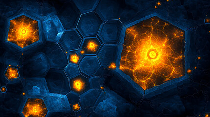 Aufkleber - Dynamic energy patterns in hexagonal structures abstract art digital visualization dark background close-up scientific concepts