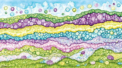 Poster - Vibrant bubble patterns in abstract landscape art exploration colorful design creative environment aesthetic viewpoint